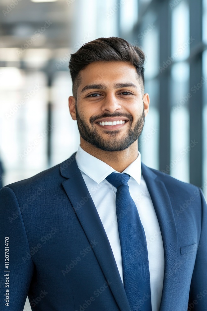 Handsome young Indian businessman in a suit smiling at the camera, standing against a blurred modern office interior with panoramic windows. Portrait of a happy man on business conference background. Handsome young Indian businessman in a suit smiling at the camera, standing against a blurred modern office interior with panoramic windows. Portrait of a happy man on business conference background.