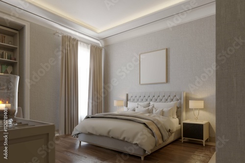 Wallpaper Mural two point perspective modern classic bedroom interior background with decorations, bedside table, table lamp and mockup poster framed. 3d illustration Torontodigital.ca