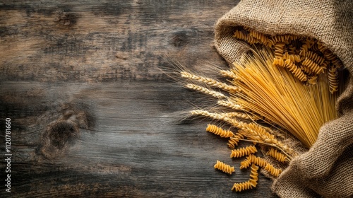 Freshly harvested pasta and wheat grains spilling from a burlap sack on a wooden surface photo