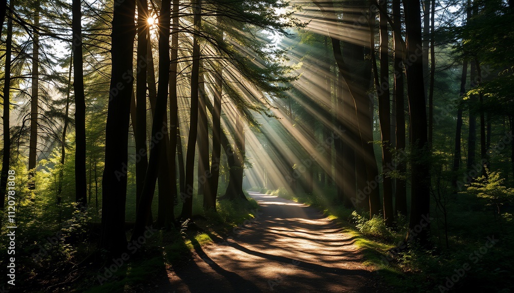 Fototapeta premium Sunbeams illuminating a forest path.