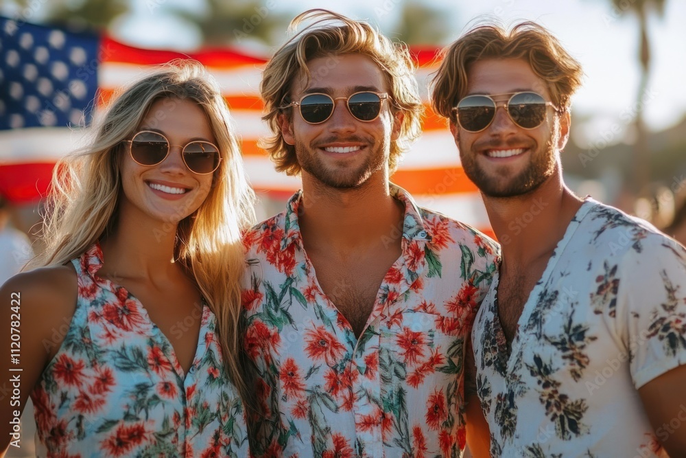 Friends enjoying a picnic at the beach during summer golden hour taking a selfie with an American flag in the background Friends enjoying a picnic at the beach during summer golden hour taking a selfie with an American flag in the background