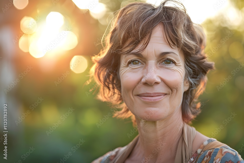 A Warm Portrait of a Woman Smiling in the Golden Sunlight, Radiating Natural Beauty and Serenity, Capturing Happiness and Warmth A Warm Portrait of a Woman Smiling in the Golden Sunlight, Radiating Natural Beauty and Serenity, Capturing Happiness and Warmth