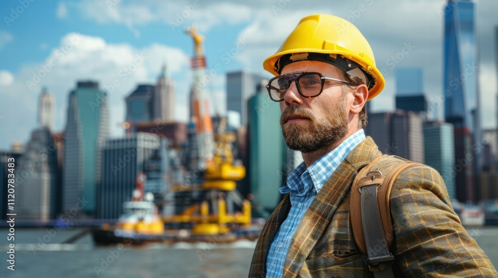 Businessman observes new york cityscape while drilling for insights in urban development