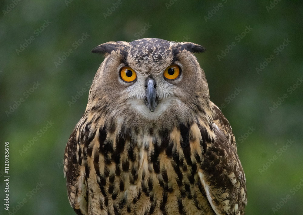 Front-facing view of a Eurasian eagle owl with captivating orange eyes and a regal presence in a forest Front-facing view of a Eurasian eagle owl with captivating orange eyes and a regal presence in a forest