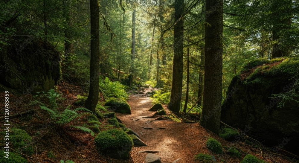 Serene forest path surrounded by lush green trees and moss-covered rocks in daylight Serene forest path surrounded by lush green trees and moss-covered rocks in daylight