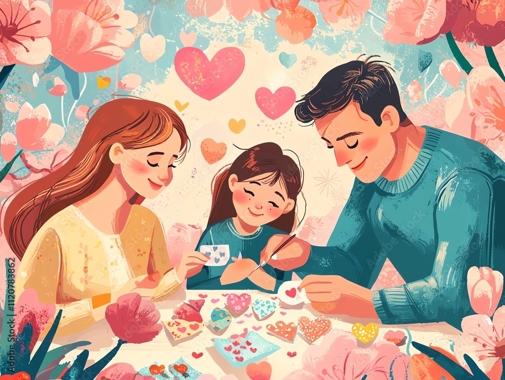 Psychedelic-inspired Valentine's craft scene, family creating colorful cards with exaggerated 60s illustration style Psychedelic-inspired Valentine's craft scene, family creating colorful cards with exaggerated 60s illustration style