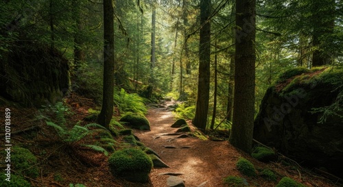 Serene forest path surrounded by lush green trees and moss-covered rocks in daylight