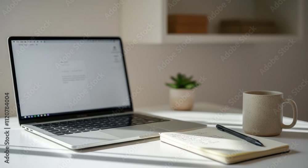 Laptop, notebook, pen, and mug on white desk Laptop, notebook, pen, and mug on white desk