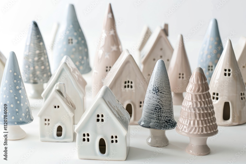 Christmas little houses and trees on white background. Festive modern decor. Happy holidays. Miniature cozy village, ceramic houses, wooden and handmade christmas trees. Space for text Christmas little houses and trees on white background. Festive modern decor. Happy holidays. Miniature cozy village, ceramic houses, wooden and handmade christmas trees. Space for text