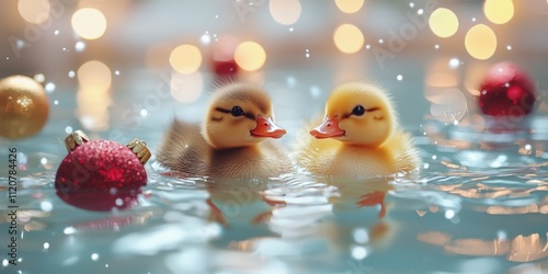 Adorable Baby Ducks Swimming in Festive Holiday Pool photo