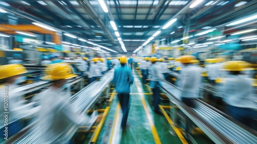 Dynamic workers in motion action shot of a hectic industrial factory floor