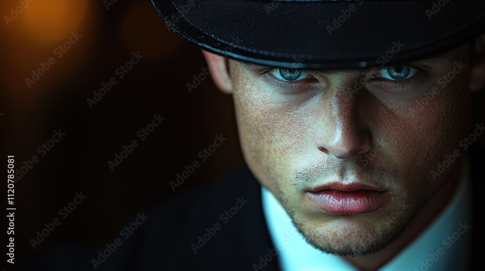 Intense portrait of a man in a hat, conveying mystery and allure. Intense portrait of a man in a hat, conveying mystery and allure.