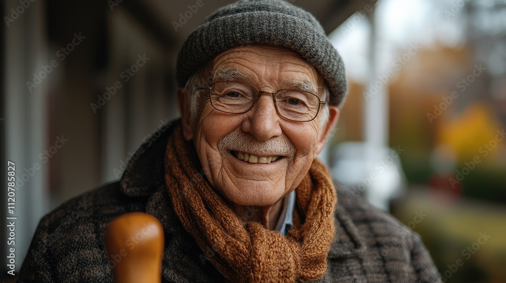 Portrait of a smiling elderly man wearing a warm hat and scarf Portrait of a smiling elderly man wearing a warm hat and scarf