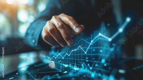 Businessman pointing to high rate arrow graph in office environment - growth strategy visualization