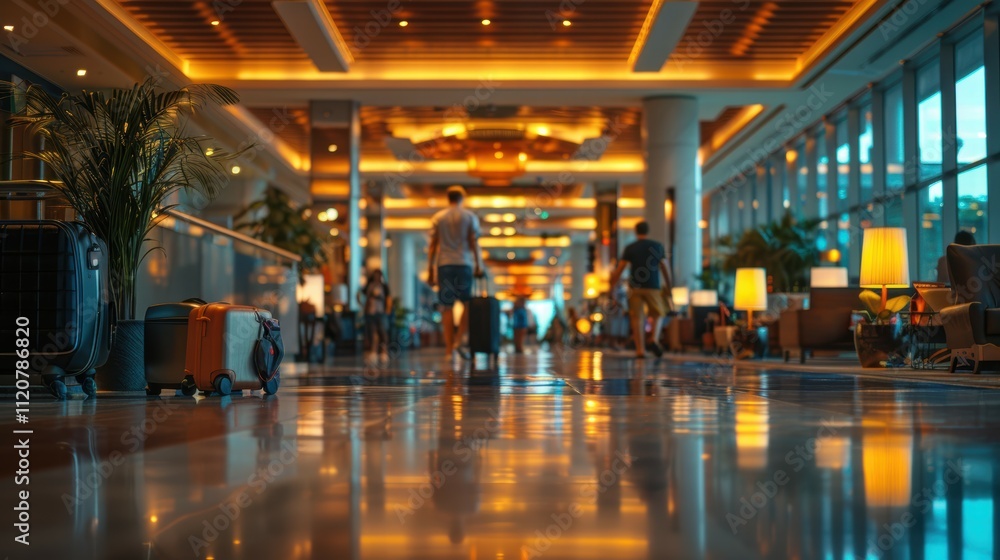 Dynamic perspective of a busy hotel lobby urban check-in rush and vibrant atmosphere Dynamic perspective of a busy hotel lobby urban check-in rush and vibrant atmosphere