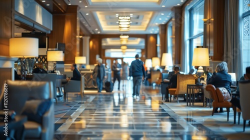 Crowded hotel lobby scene at peak check-in with guest perspective