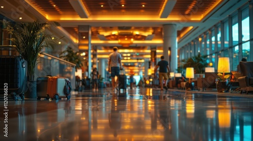 Dynamic perspective of a busy hotel lobby urban check-in rush and vibrant atmosphere