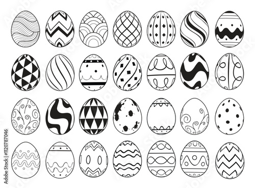 Easter eggs outline drawing flat vector clipart set design. Easter egg clip art in black doodle sketch pattern for spring celebration and traditional egg hunting decoration elements. Vector 