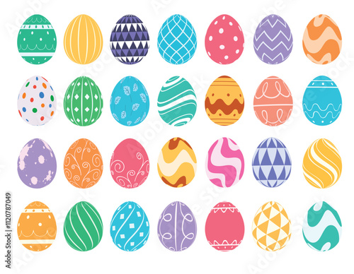 Easter eggs flat clipart drawing set design. Colorful egg clip art in doodle style outline pattern for christian egg hunting decoration spring celebration graphic elements. Vector illustration  photo