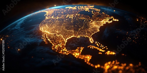 Fototapeta Naklejka Na Ścianę i Meble -  North America illuminated digital globe glowing with golden network lights and connectivity under cyberpunk style
