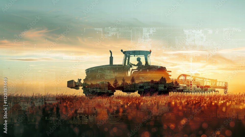 Fototapeta premium Innovative aerial perspective of agricultural landscape with tractor and satellite imagery