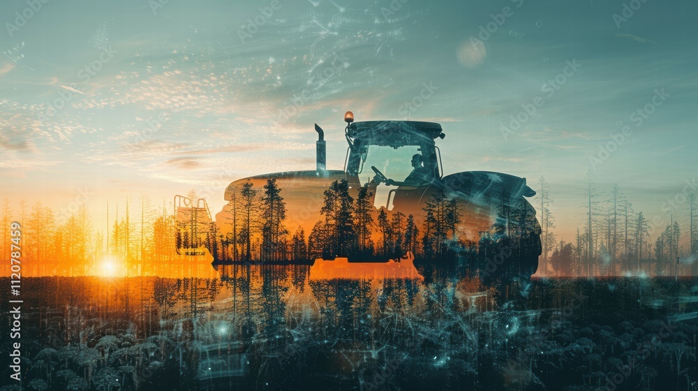 Fototapeta premium Tractor silhouette under starry sky nighttime double exposure in agriculture