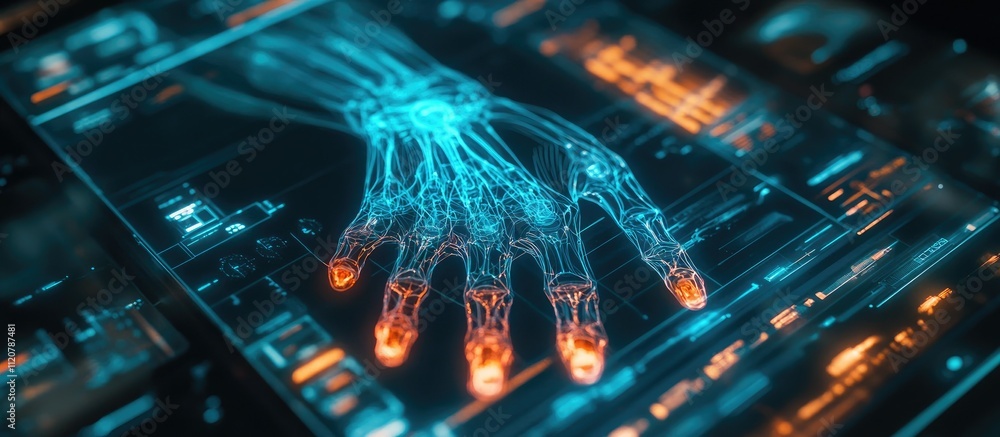 Digital Hand Interacting with Futuristic Interface Digital Hand Interacting with Futuristic Interface