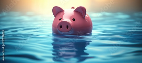 Pink Piggy Bank Drowning in Water Concept of Financial Crisis Bankruptcy Debt Emergency Risk photo