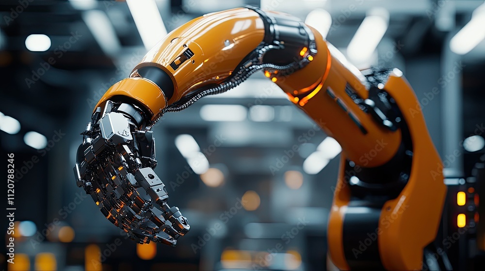 Close-up of a robotic arm in an industrial setting, showcasing its intricate metallic hand and bright orange body. Close-up of a robotic arm in an industrial setting, showcasing its intricate metallic hand and bright orange body.
