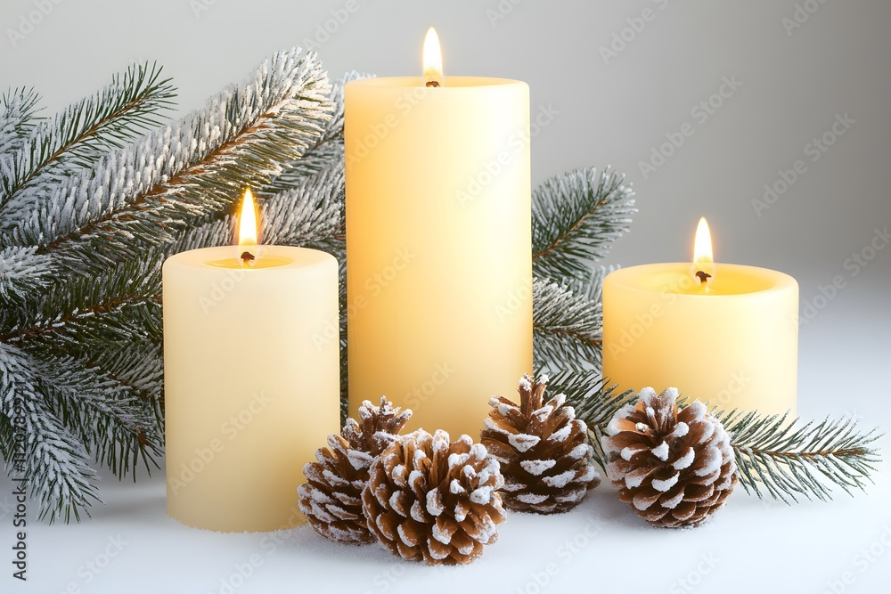 Scenic Winter Candles, Pine Cones, and Snowy Branches Create Festive Ambiance for Cozy Holidays