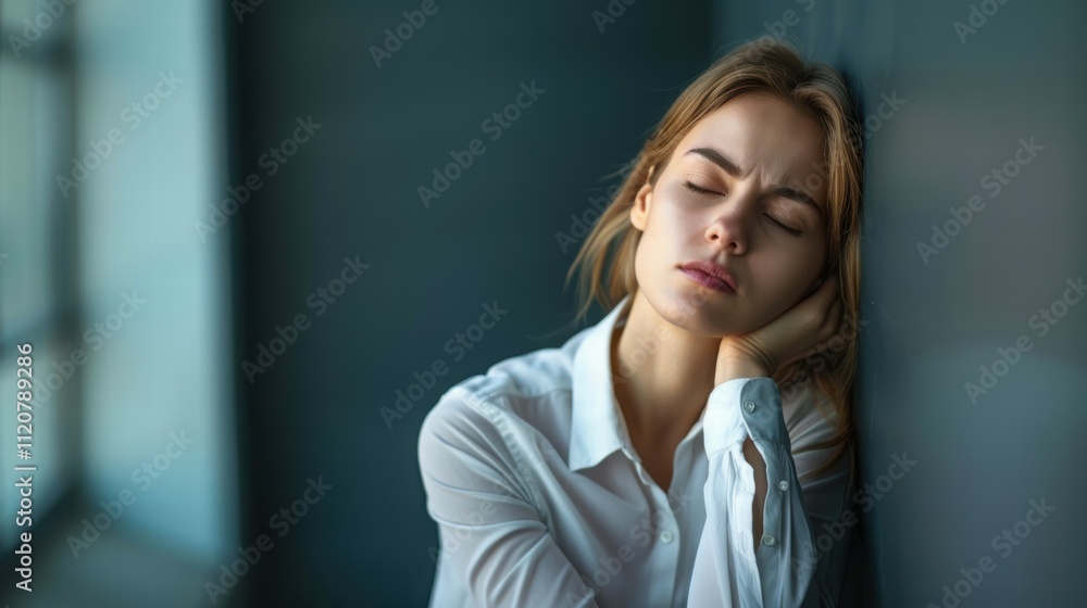 Fototapeta premium Corporate executive leans against wall reflecting work-life balance challenges