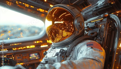 Fototapeta Naklejka Na Ścianę i Meble -  Astronaut in Spacecraft with Golden Visor