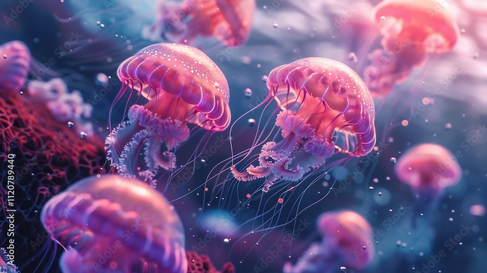 Naklejka premium Mesmerizing Dance of Pink Jellyfish in Vibrant Ocean