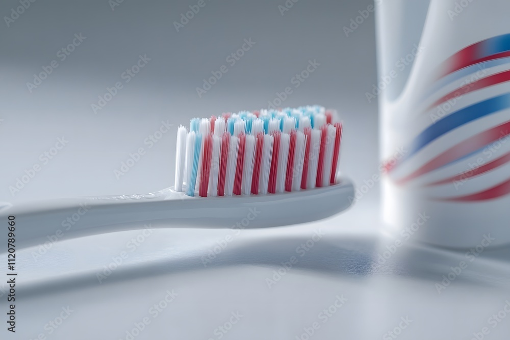 Close-up View of a Toothbrush with Colorful Bristles, Oral Hygiene Practices for Healthy Teeth and Gums, Daily Routine for Better Dental Health. Close-up View of a Toothbrush with Colorful Bristles, Oral Hygiene Practices for Healthy Teeth and Gums, Daily Routine for Better Dental Health.