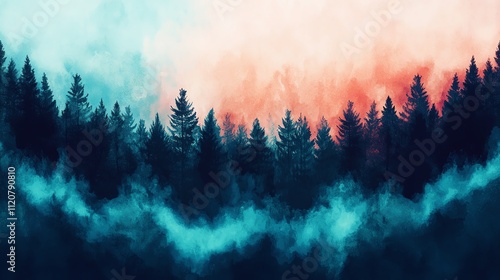 Misty forest landscape with vibrant colors. photo