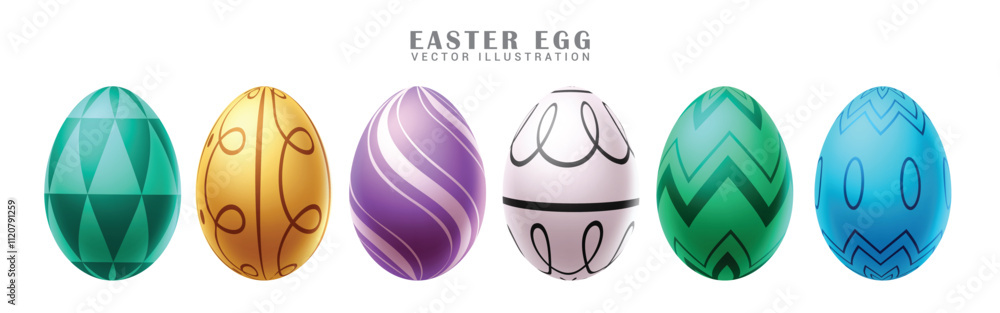 Easter eggs printed pattern clipart set. Colorful easter egg with print like triangle, twirl, spiral, zigzag and oval clip art for spring season hunting celebration. Vector illustration graphic