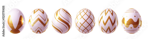 Easter eggs elegant clipart set. Elegant white egg with gold printed pattern like bunny, zigzag, spiral, checkered and curve in glossy and shiny clip art graphic elements. Vector illustration easter 