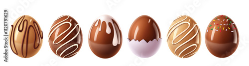 Easter eggs chocolate clipart set. Chocolate egg clip art with milk toppings and sprinkles sweet dessert for hunting graphic elements. Vector illustration easter choco collection.
