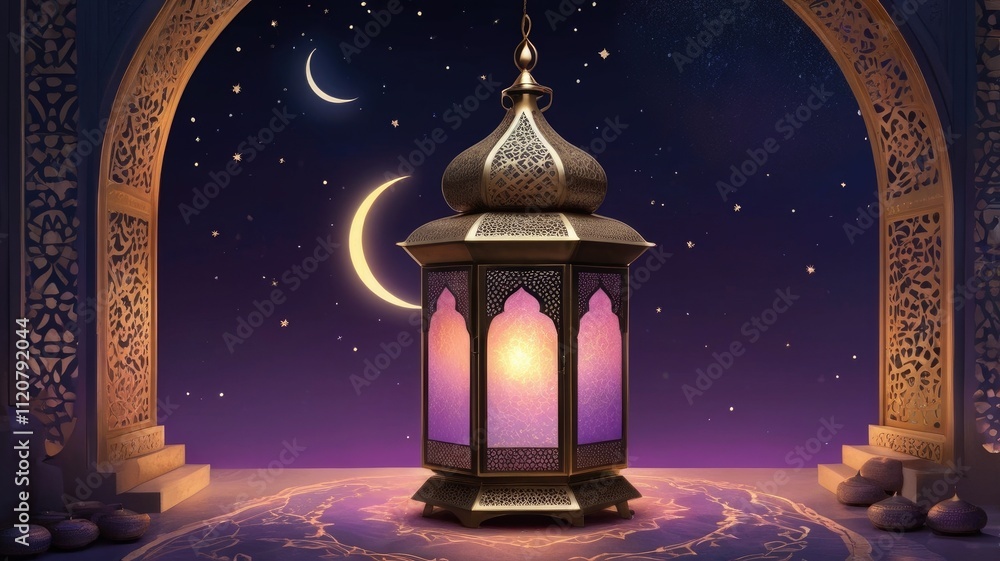 Intricate Arabic patterns and a crescent moon frame a glowing lantern in this stunning design.Intricate Arabic patterns and a crescent moon frame a glowing lantern in this stunning design. Intricate Arabic patterns and a crescent moon frame a glowing lantern in this stunning design.Intricate Arabic patterns and a crescent moon frame a glowing lantern in this stunning design.