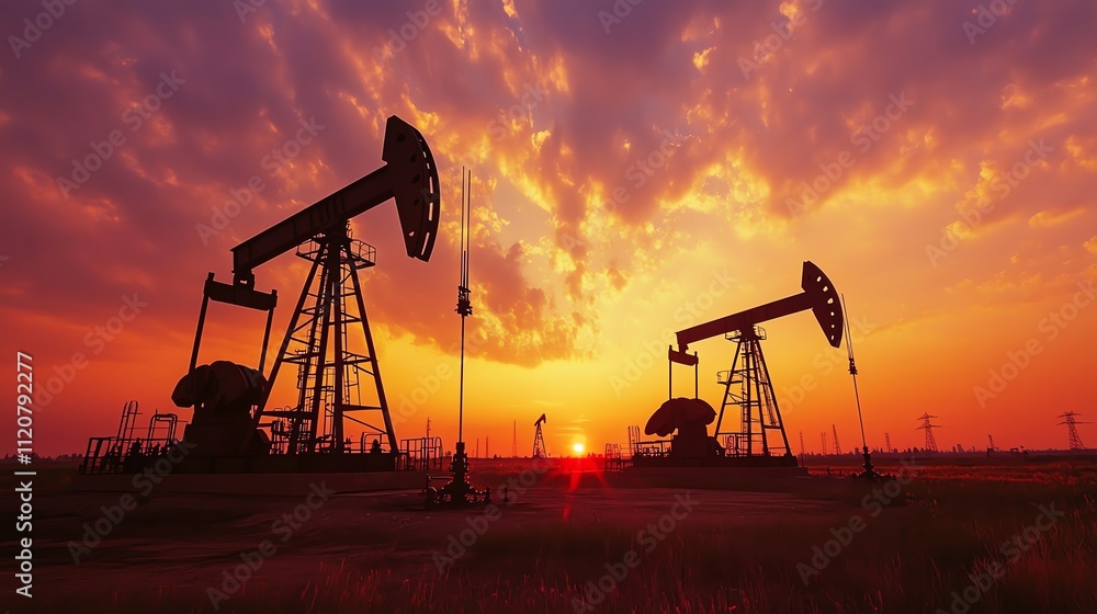 Oil pumps at sunset in a vibrant landscape. Oil pumps at sunset in a vibrant landscape.