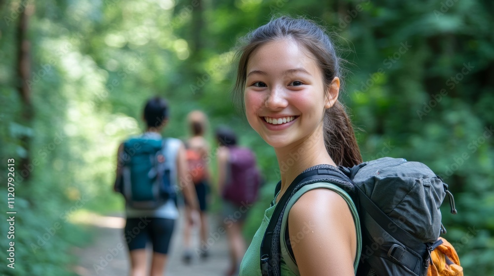Group of friends hiking through a lush forest on a sunny day while one member smiles for the camera Group of friends hiking through a lush forest on a sunny day while one member smiles for the camera