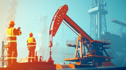 Workers operating machinery at oil site.