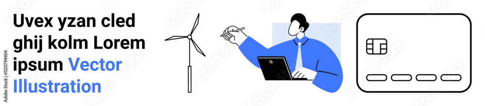 Business professional working on laptop, wind turbine, credit card. Ideal for sustainability, finance, technology, innovation, renewable energy business analytics digital solutions. Landing page Business professional working on laptop, wind turbine, credit card. Ideal for sustainability, finance, technology, innovation, renewable energy business analytics digital solutions. Landing page