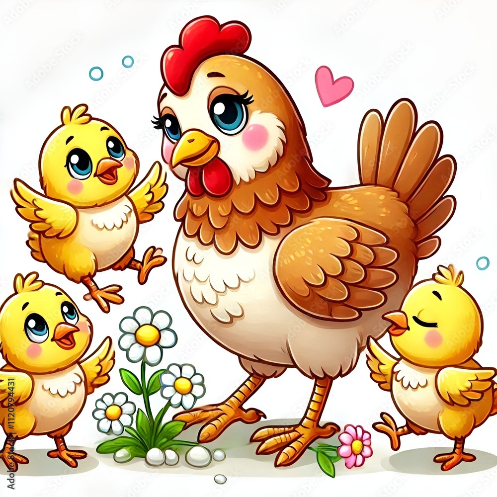 Fototapeta premium mother hen with her chicks , cartoon 
