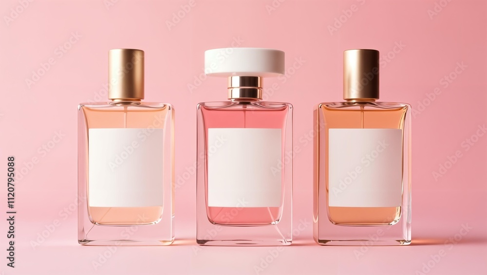 Three bottles of perfume or eau de toilette on delicate pink background. Bottles of different colors with white empty stickers labels. Banner with copy space for text to advertise perfume products Three bottles of perfume or eau de toilette on delicate pink background. Bottles of different colors with white empty stickers labels. Banner with copy space for text to advertise perfume products