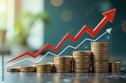 Visual graph of profit growth. Increase in income or expenses. Stacks of coins with two colored up arrows on blurred background of office interior. Red and white arrow pointing up photo