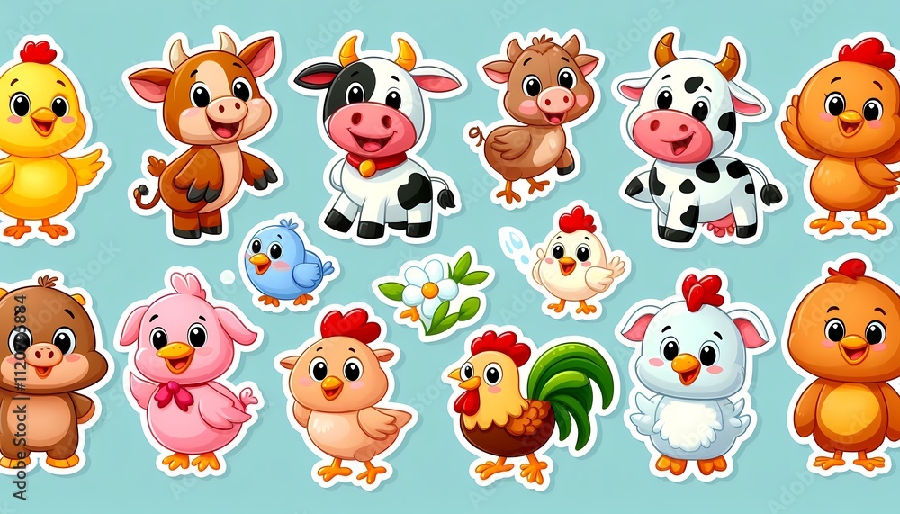 Obraz premium Cute pre-school animal sets, vector illustraions, patterns, fish, lizards, cows farm animals, pigs, bees, birds, gecko, lady bugs, wolves, jellyfish, insects. stickers for kids and pre-school 