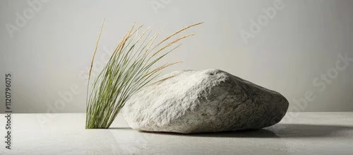 Obraz  z motywem Smooth grey stone and green grass on white surface. (1)