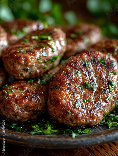 Close-up of Juicy Grilled Meatballs Garnished with Fresh Herbs on a Rustic Plate.