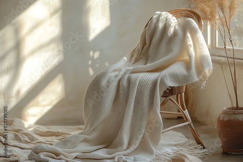 Cozy blanket draped over a chair in sunlight. photo